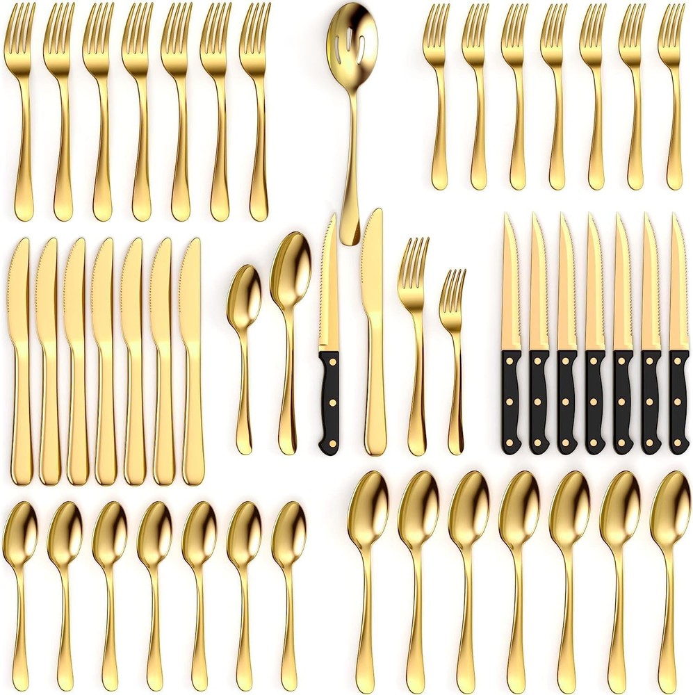 49 Piece Gold Silverware Set - Service for 8 - Stainless Steel Gold Flatware