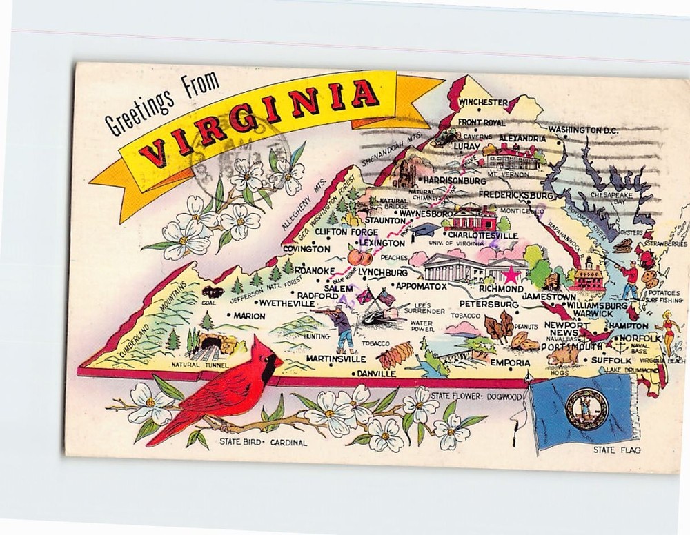 Postcard Virginia Map Greetings from Virginia USA