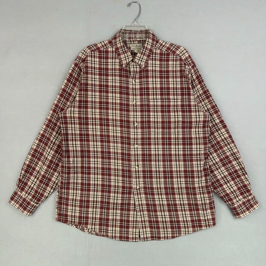 Men's Large Red Plaid Flannel Shirt by LL Bean - Cabin Western Style