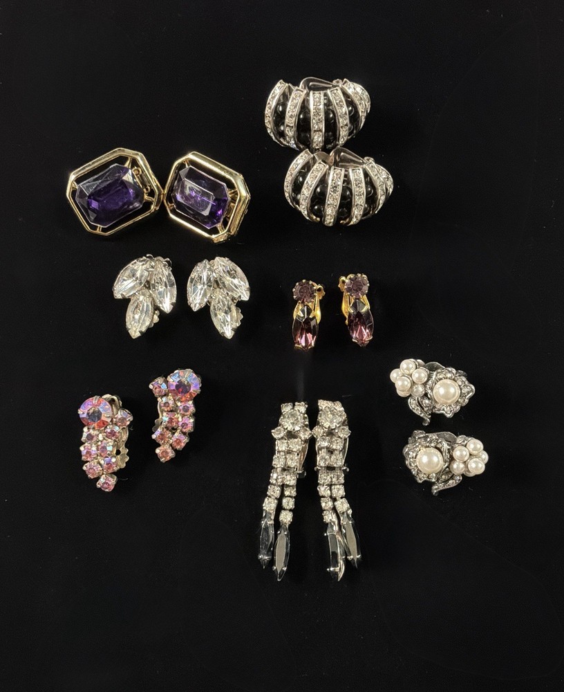 Vintage Costume Earrings Lot of 7 Rhinestone Clip Back.
