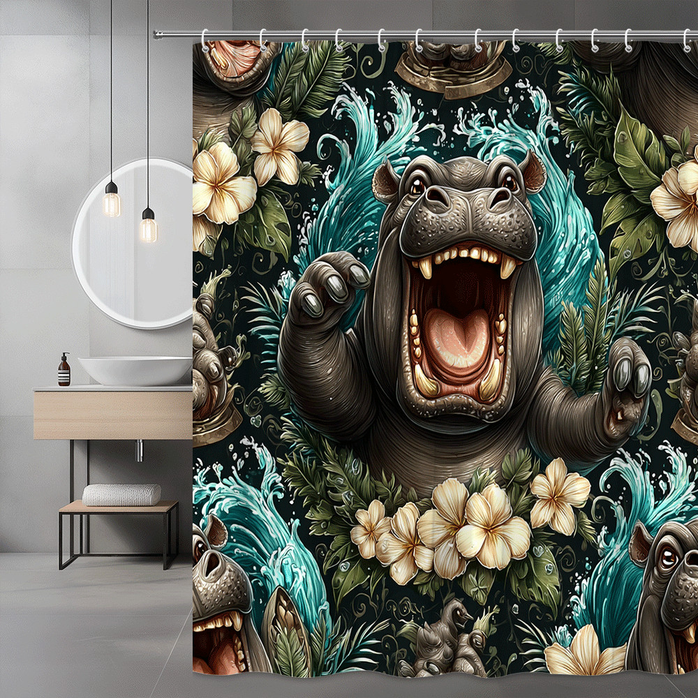 Hippo Floral Tropical Shower Curtain, Animal Print Bathroom Decor