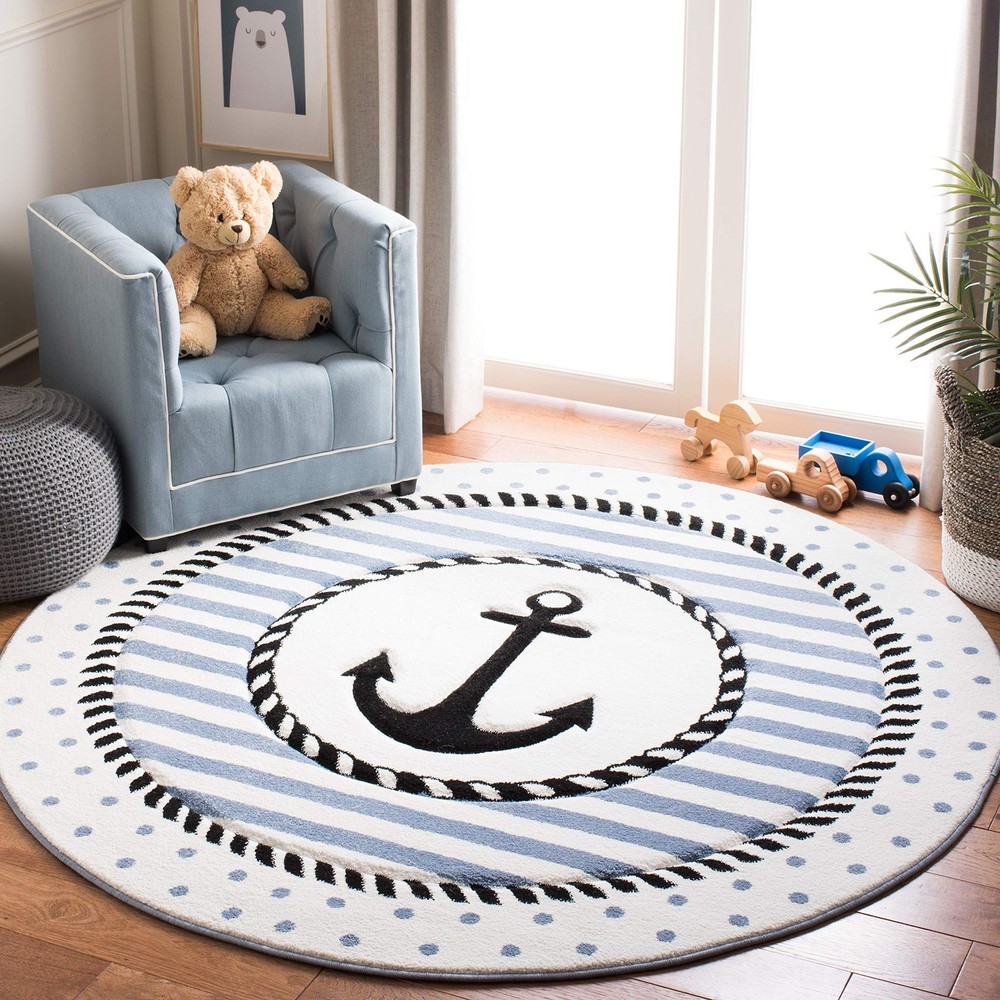 Carousel Kids Collection Area Rug - 4' Round, Ivory & Navy, Non-Shedding & Ea...