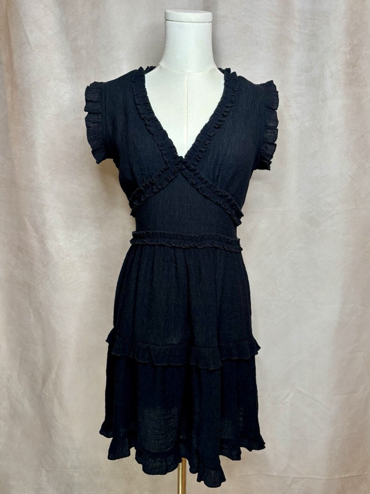 Olivia Grey Black Ruffle Tiered Mini Dress Women’s Medium Boho Romantic