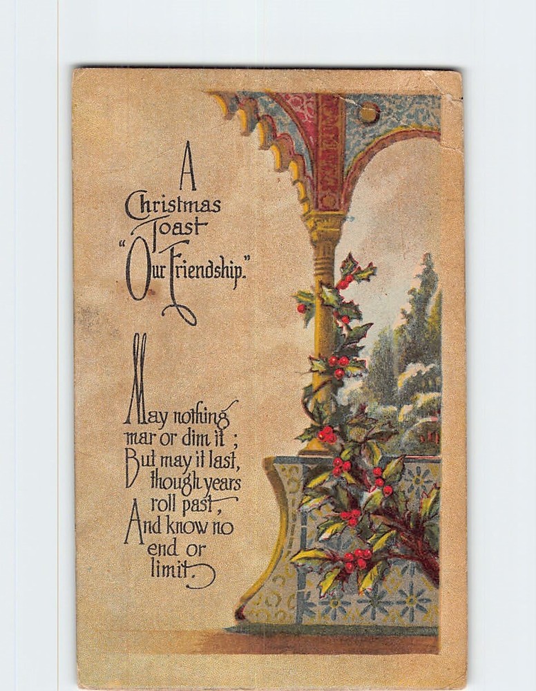 Postcard A Christmas Toast Our Friendship Poem Christmas Holly Art Print