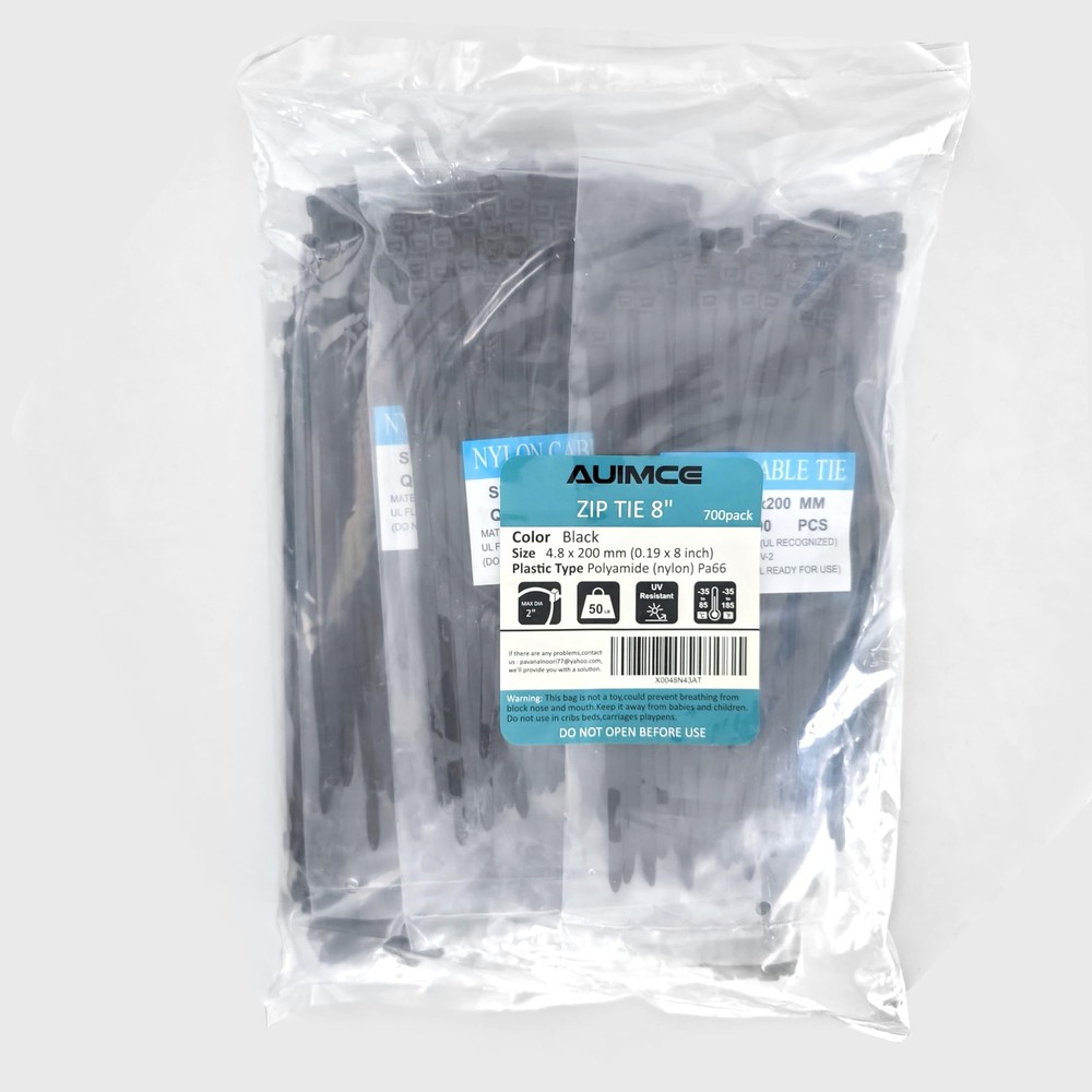 700-Pack Heavy-Duty 8-Inch Black Nylon Zip Ties - 50lbs Tensile Strength Cable Ties PA66