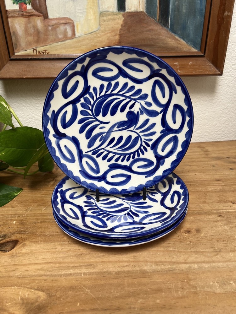 Vintage Anfora Puebla Blue Salad Plate Hand Painted Mexico Replacement 8.25”