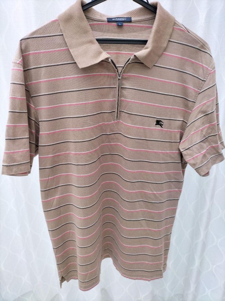 Burberry London Zipper Brown Polo Shirt Short Sleeve Border Men Size L Used