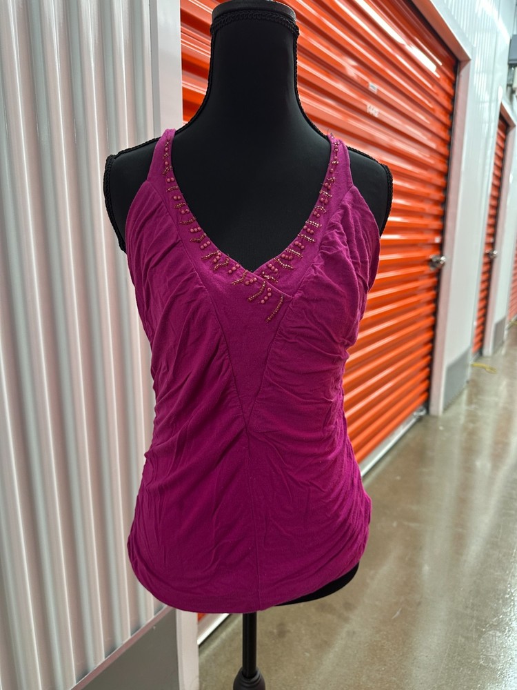 Y2K GUESS Jeans Women’s Tank Top – Size Large – Magenta Pink Beaded V-Neck Camis