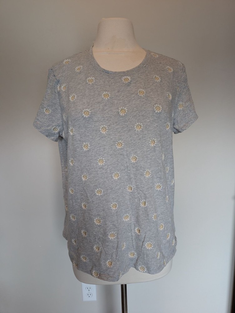 Lucky Brand Gray Daisy Embroidered Short Sleeve T-Shirt Womens