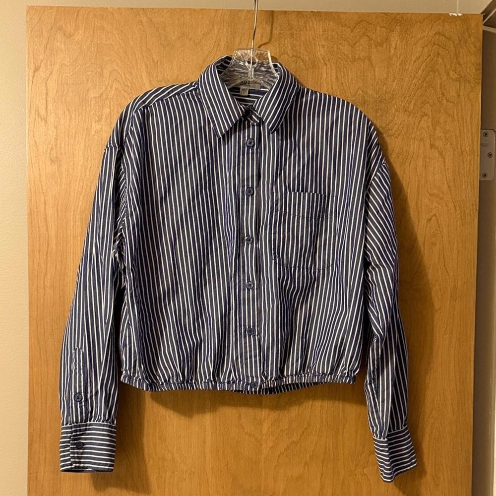 KUT from the Kloth Blue Striped Cropped Button Down Shirt Women's Small