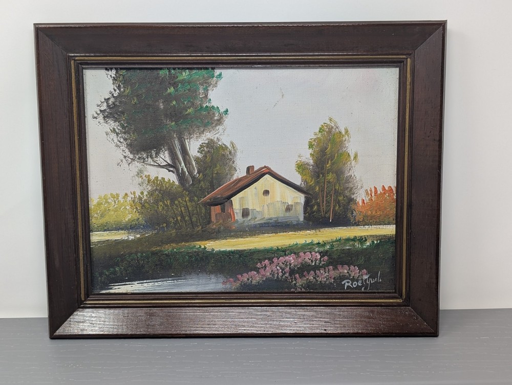 Vintage Framed Landscape Oil Painting Cabin River Scene Signed