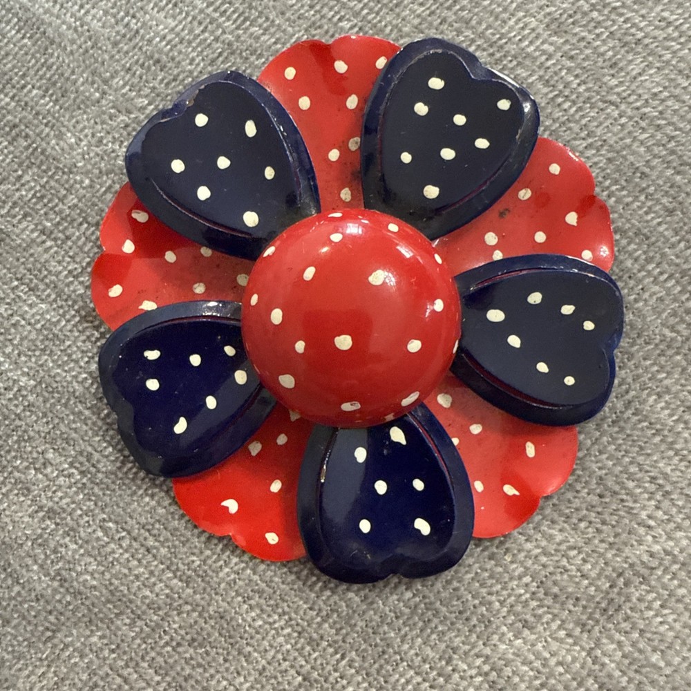 VINTAGE RED BLUE White Polka Dot ENAMEL ON METAL Large FLOWER PIN BROOCH 70s