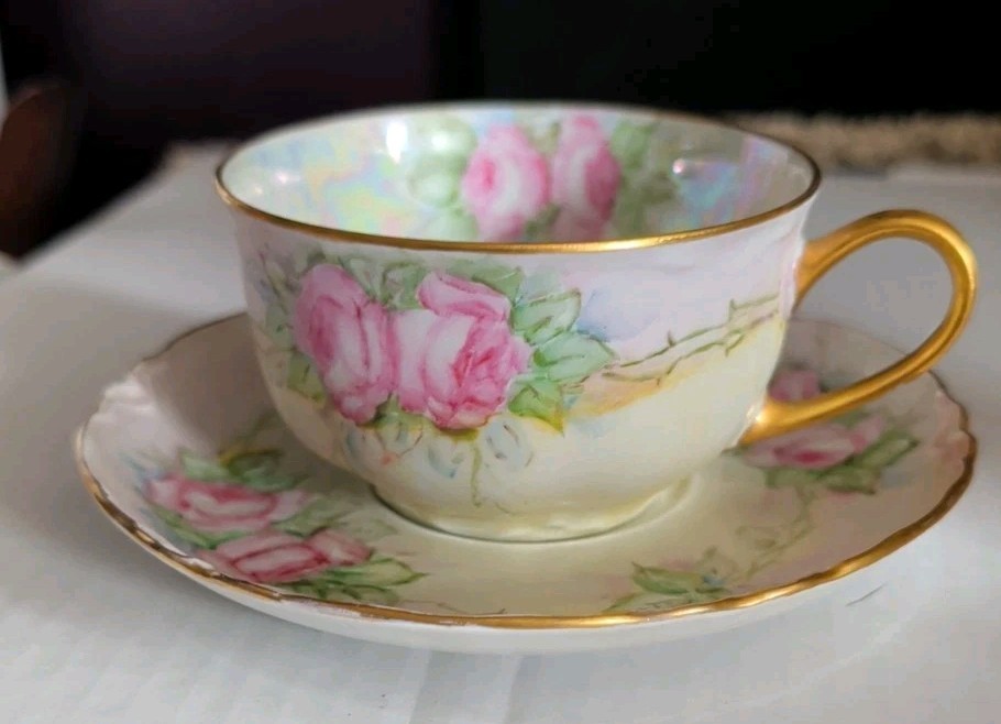 Hutschenreuther Selb Bavaria Demetasse Pearlescent Floral & Gold Cup & Saucer