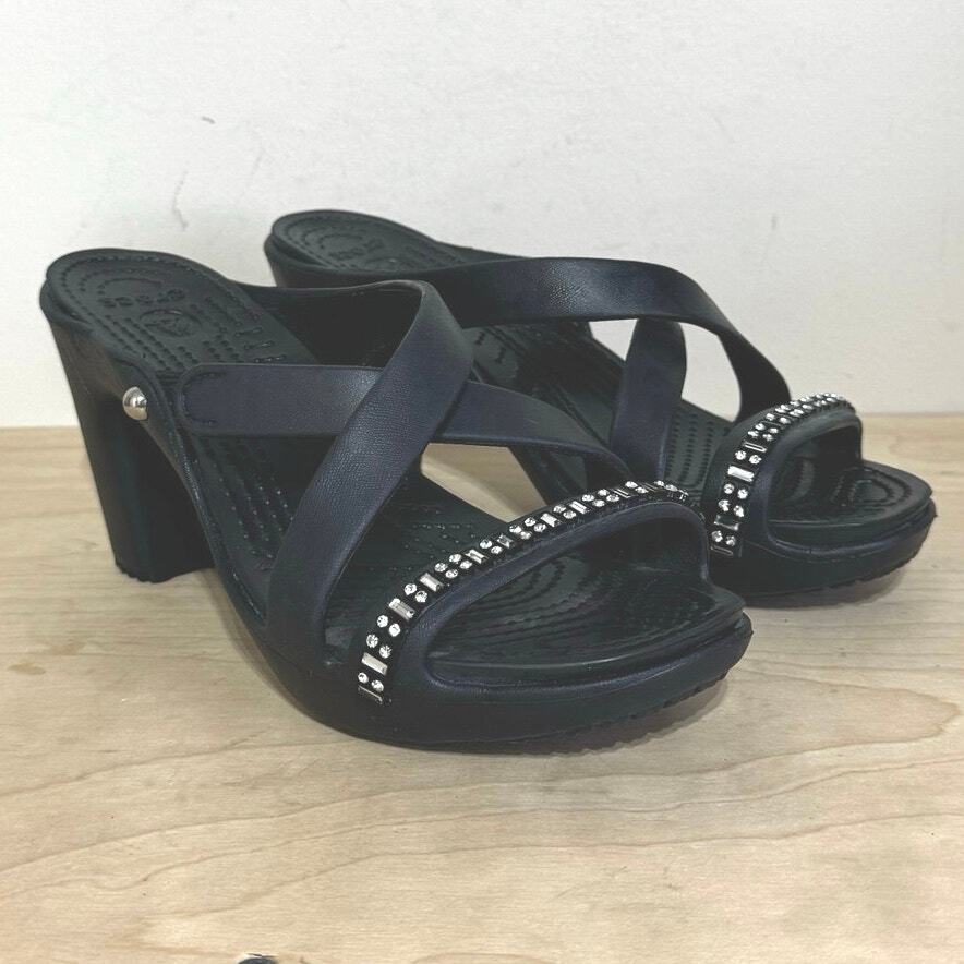 Crocs Women’s Cyprus IV Black Rhinestone Sandals Heels Size 9