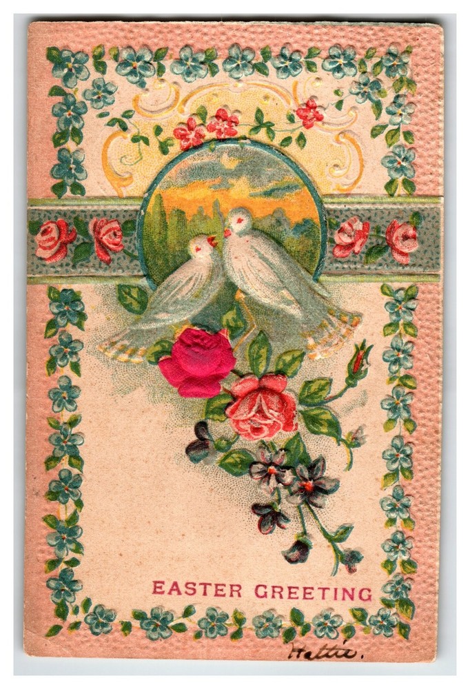 Vintage Embossed Easter Greeting Postcard Doves Roses Flowers 1907 Glenspey NY