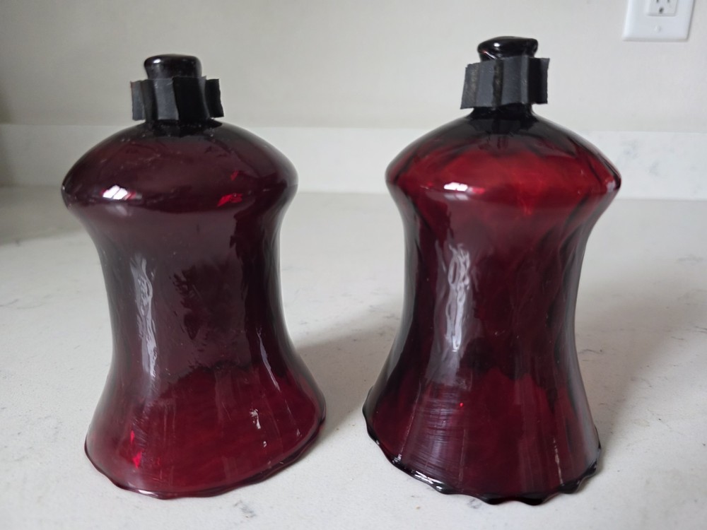Vintage MCM Set of 2 Dark Ruby Red 5.25” Glass Peg Votive Candle Holders EUC