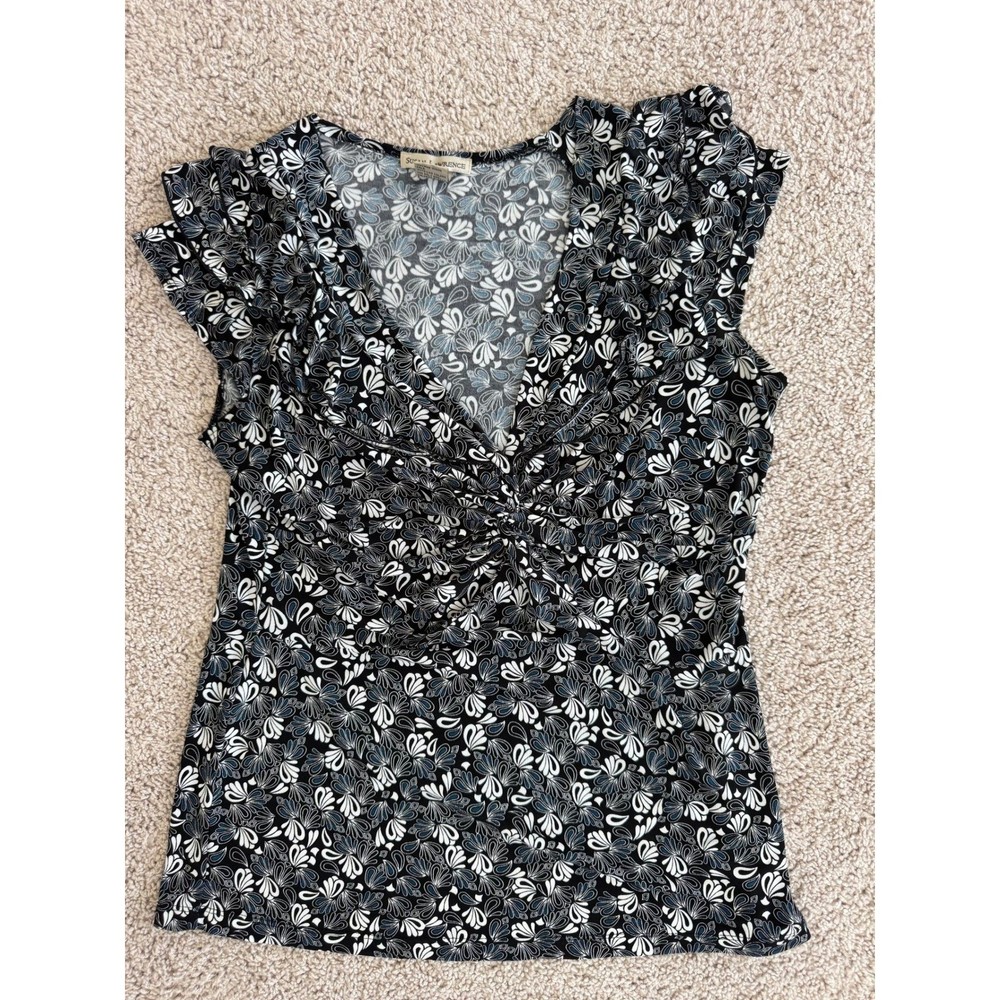 Susan Lawrence Womens Cap Sleeve V-Neck Twist Front Floral Paisley Top Black M