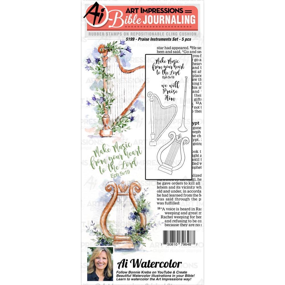 New ART IMPRESSIONS Rubber Stamp BIBLE JOURNALING PRAISE INSTRUMENTS free USA sh