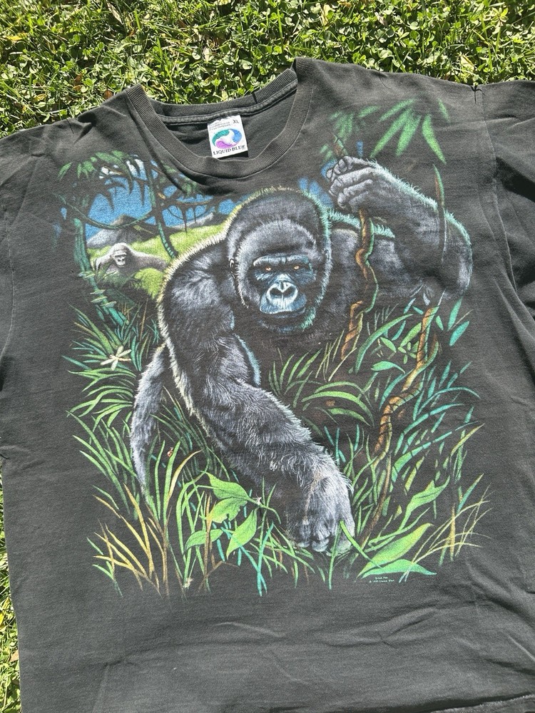 Vintage Liquid Blue Silverback Gorilla 90s AOP XL T Shirt Faded Black Animal