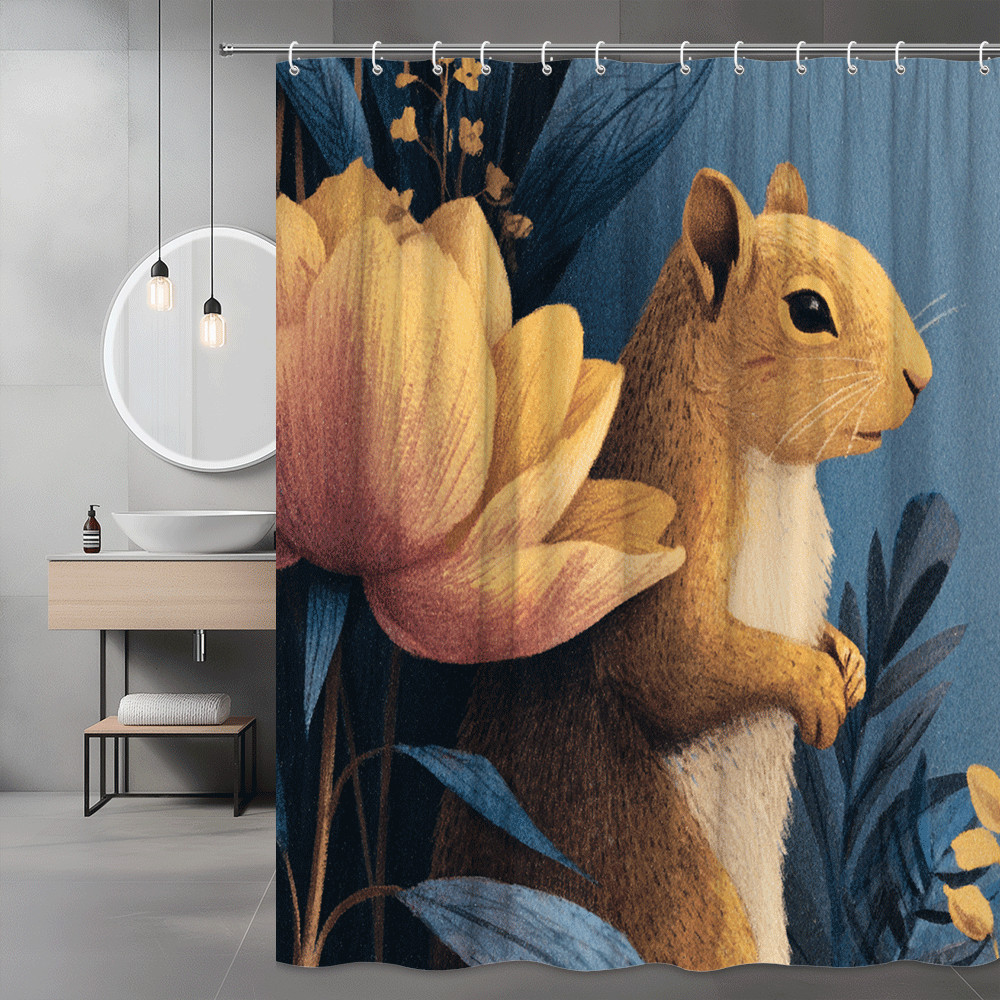 Squirrel and Floral Shower Curtain Blue Woodland Print