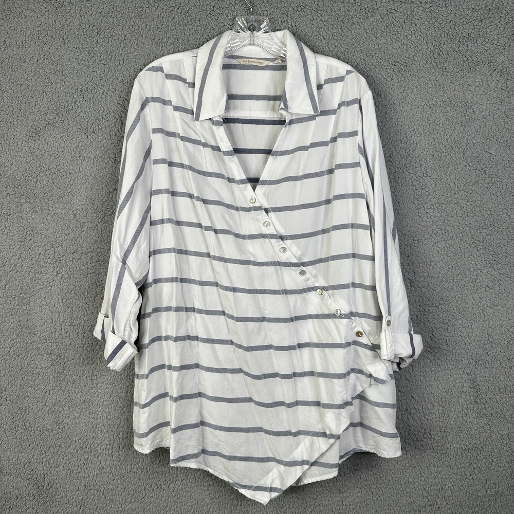 Soft Surroundings Womens Top White Blue Stripe Washed Tencel Tunic Size 2X
