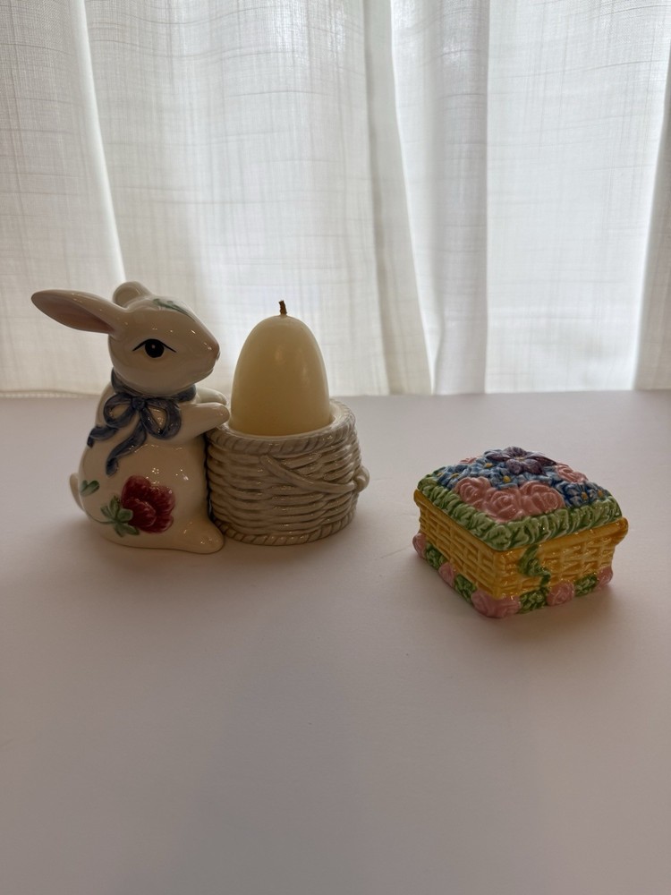 Lenox Poppies On Blue Porcelain Bunny Candle Holder & A JCM Ceramic Trinket Box