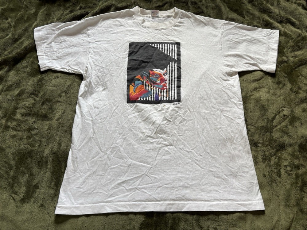 Vintage Art Shirt Mens XL White 90s Ilib Single Stitch Abstract Face Portrait