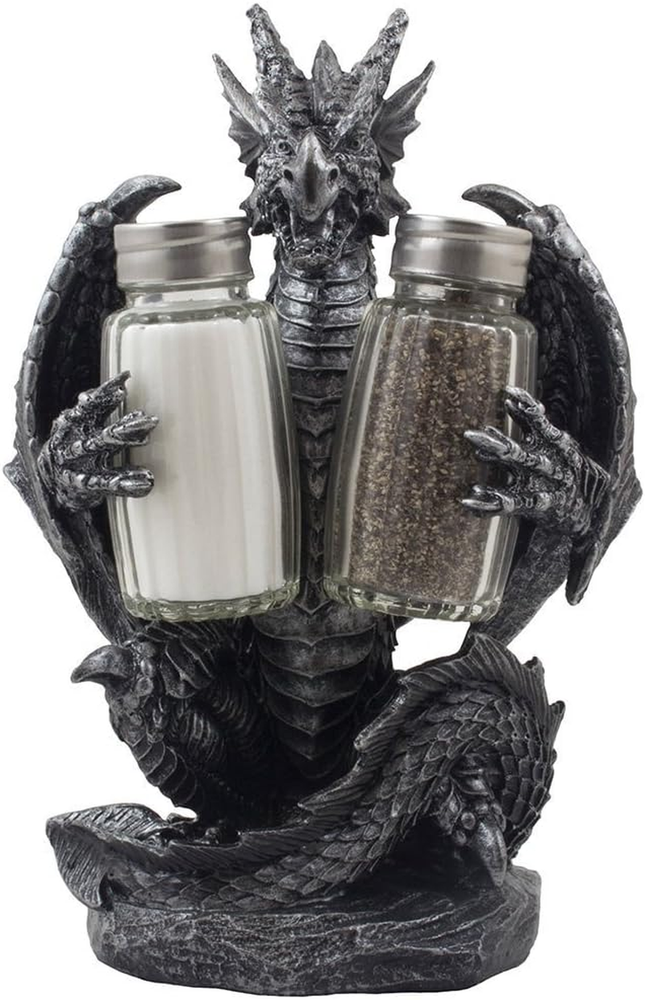 Mythical Dragon Salt and Pepper Shaker Set with Holder Figurine for Medieval & F