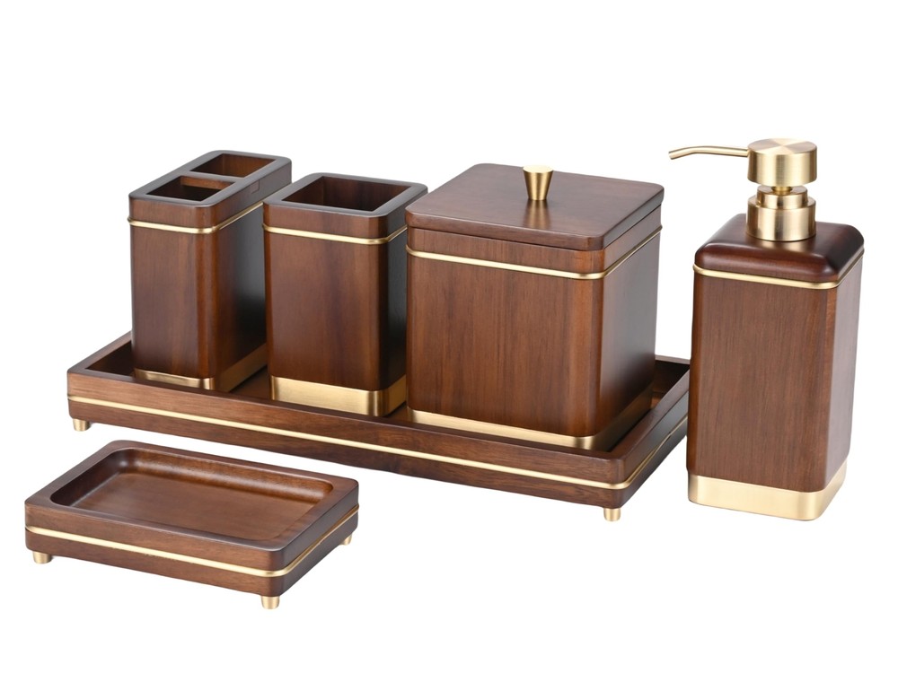 Acacia Wood Bathroom Accessory Set with Tray, Lotion Soap Dispenser Bathroom ...-image