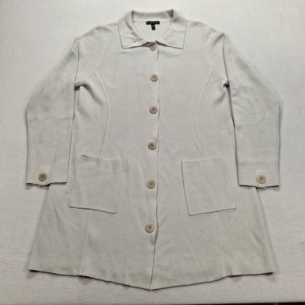 Eileen Fisher Silk Blend Long Duster Cardigan in Medium Cream with Button Front and Pockets  