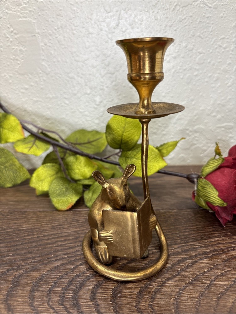 Vtg Brass Candlestick Art Decor 6.5” Candle Holder Mouse Reading Book (Patina)
