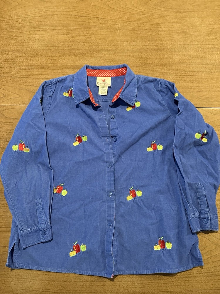 Quacker Factory Size L Shirt Top Button Down Apples Corduroy Blue