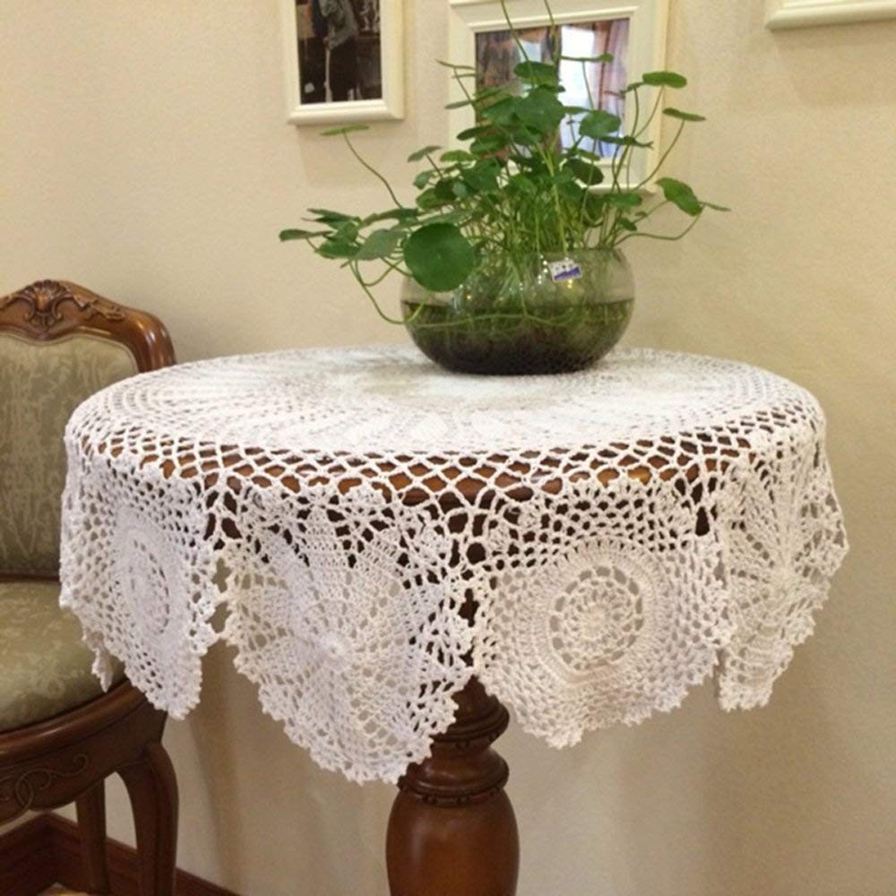 100% Cotton Handmade Crochet Round Tablecloth Doilies Lace Table Covers,White...