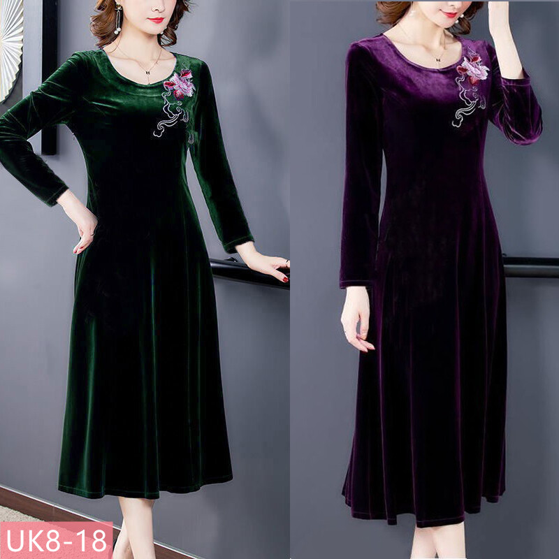 Ladies Velvet Dress Long Sleeve Embroidery Midi Dresses A Line Pleated Party