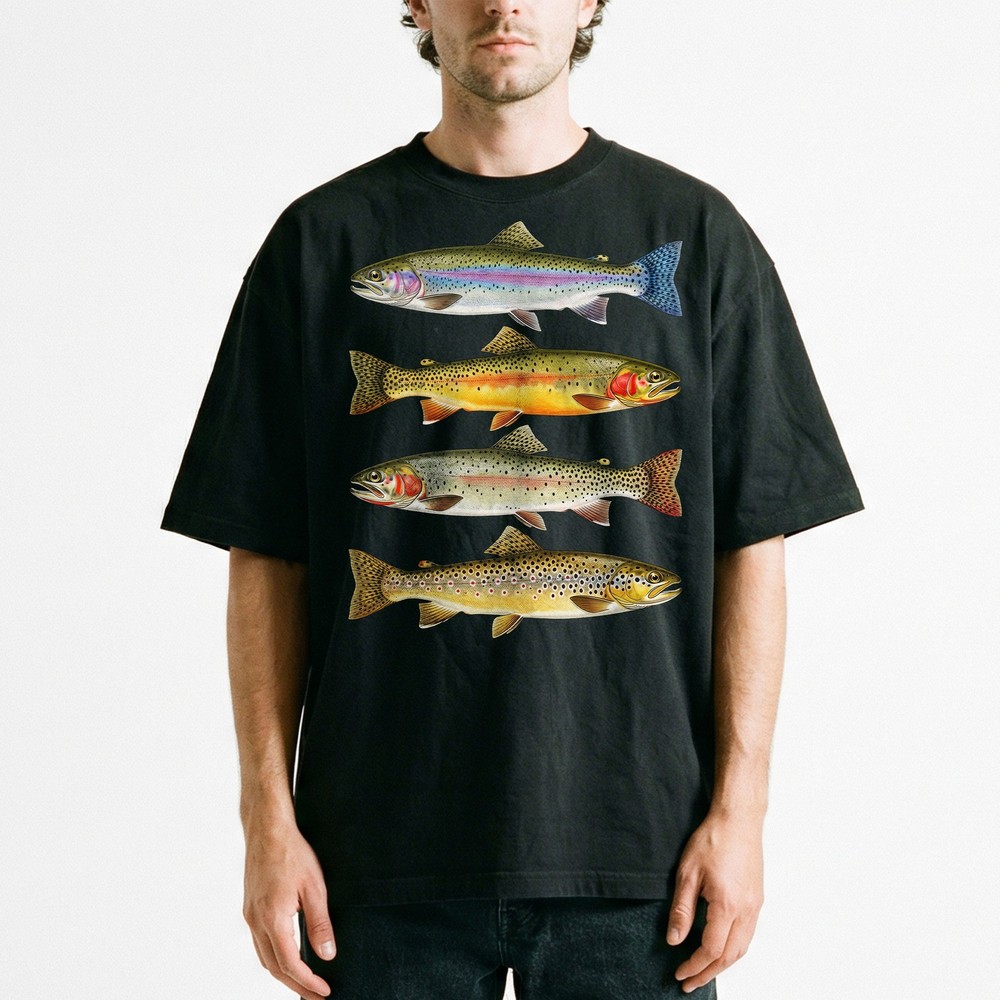 Vintage Trout Species T-Shirt Fly Fishing Rainbow Brown Fish Nature Angler Tee