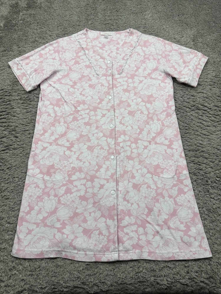 Miss Elaine Nightgown Women Medium Pink Floral Snap Button Housecoat Robe