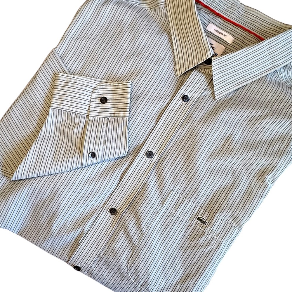 Lacoste Shirt Men's 46 (2XL) Green Striped Modern Fit Long Sleeve Button Up
