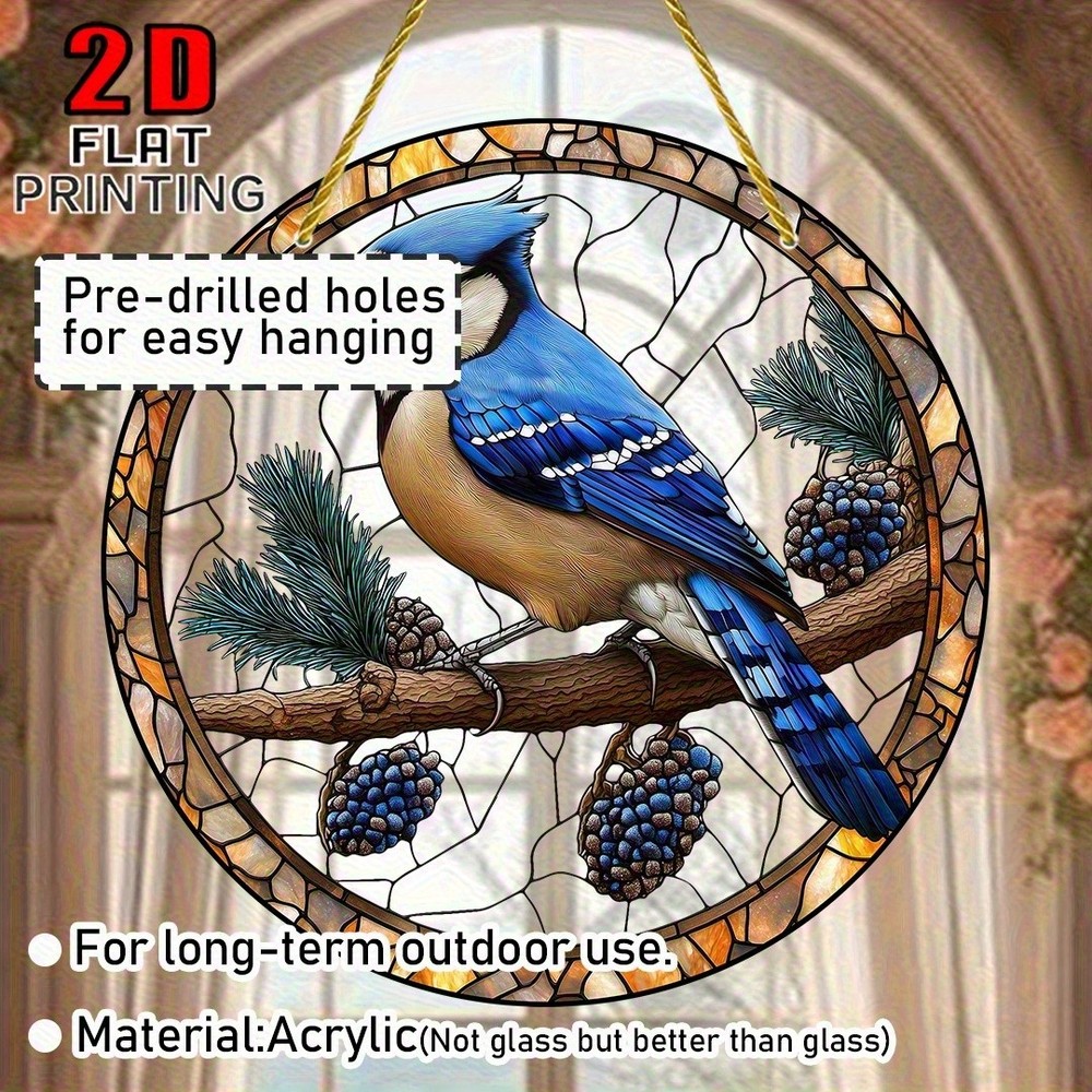 8x8 Blue Bird Sunbathing Wall Art with Pine Cones Berries for Nature Theme Gift