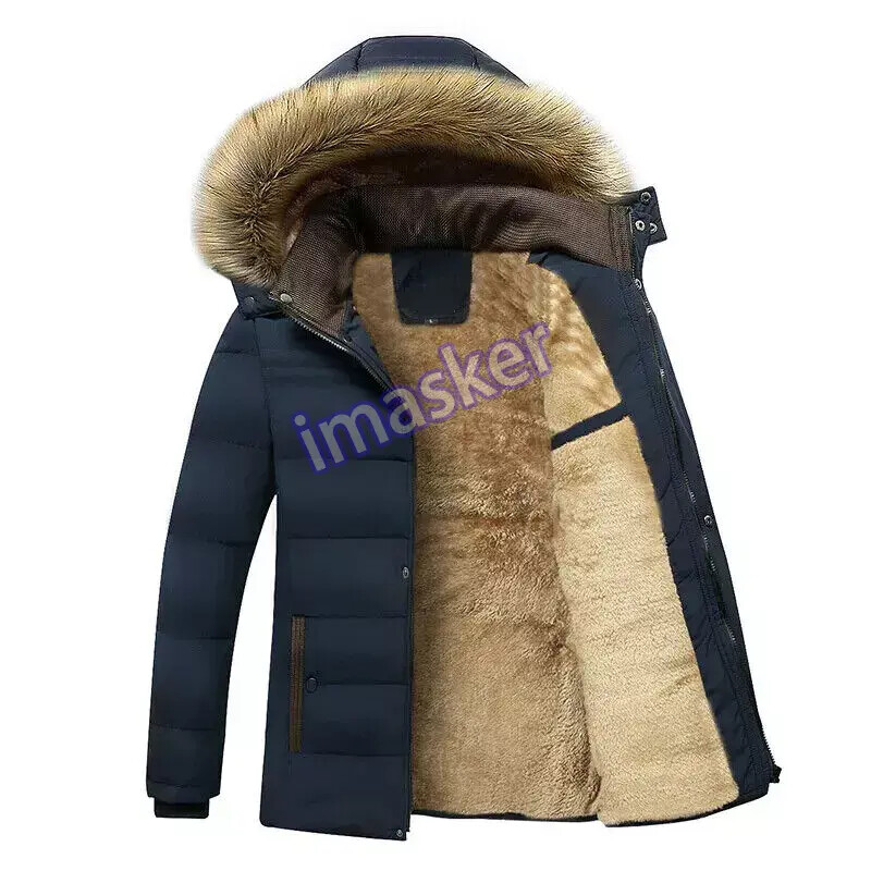 Mens Winter Warm Thicken Fleeced Jacket Hooded Faux Fur Collar Warm Coat Outwear