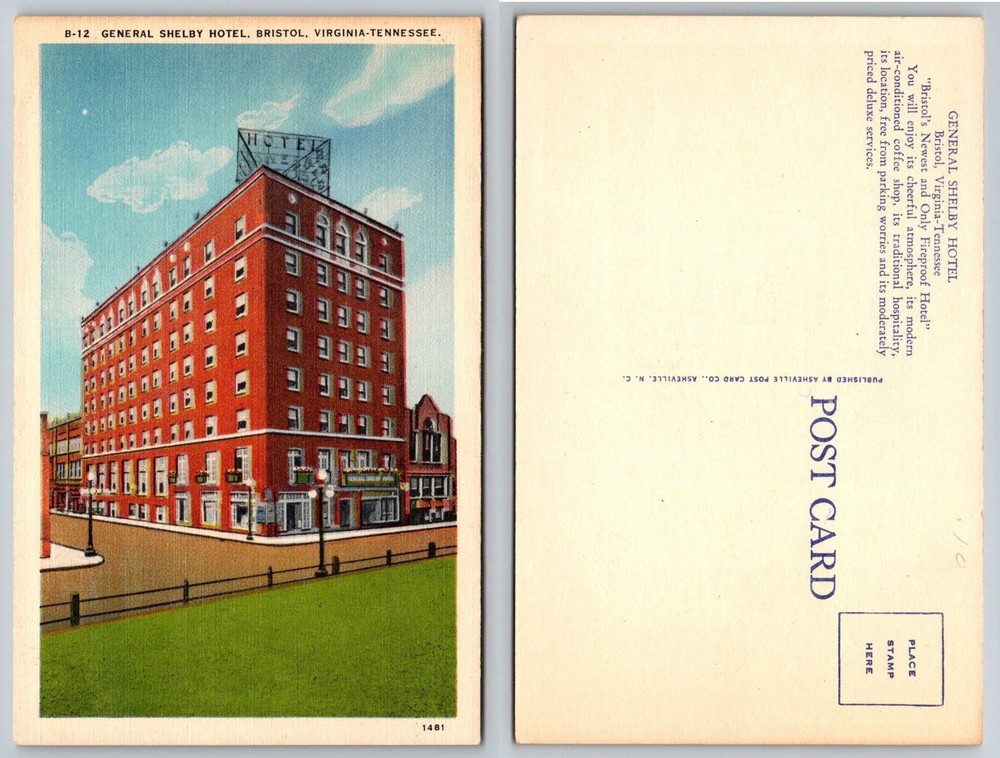 Bristol VA TN General Shelby Hotel Linen Postcard Vintage 1930s 40s