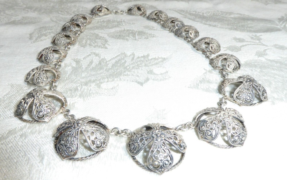 Wonderful Vintage Half Dome Filigree Etruscan Silver Tone Necklace Amazing On