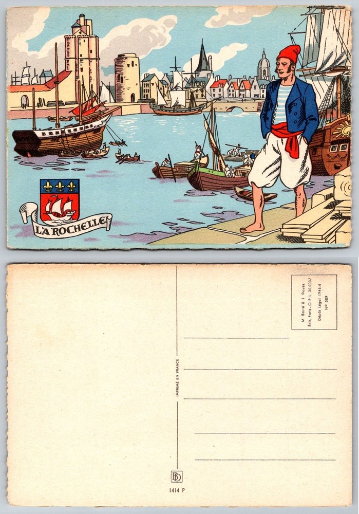 Vintage 1946 La Rochelle France Cartoon Sailor Harbor Boats Postcard