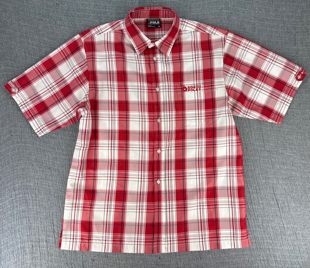 VTG Southpole Shirt Mens L Red White Plaid Short Sleeve Button Up Baggy Y2K