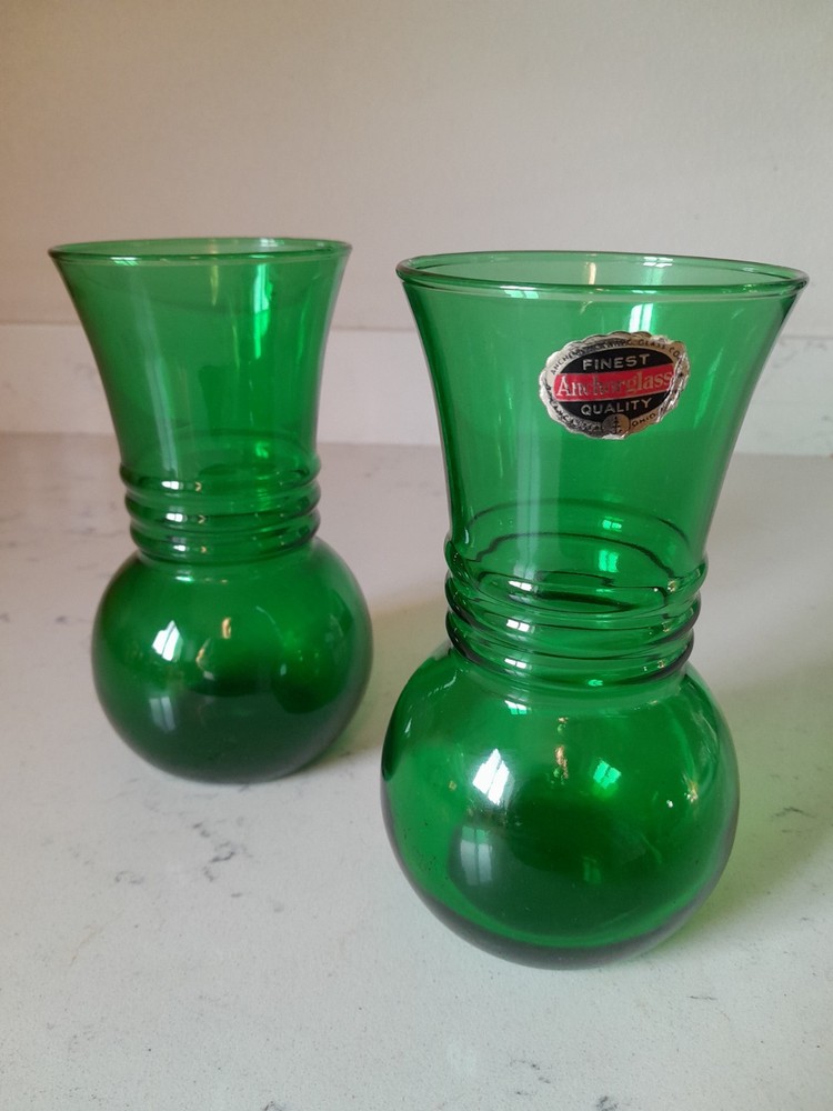 Vintage 2 Mid-Century Anchor Hocking Green Glass Flower Vases Art Deco 1 Sticker