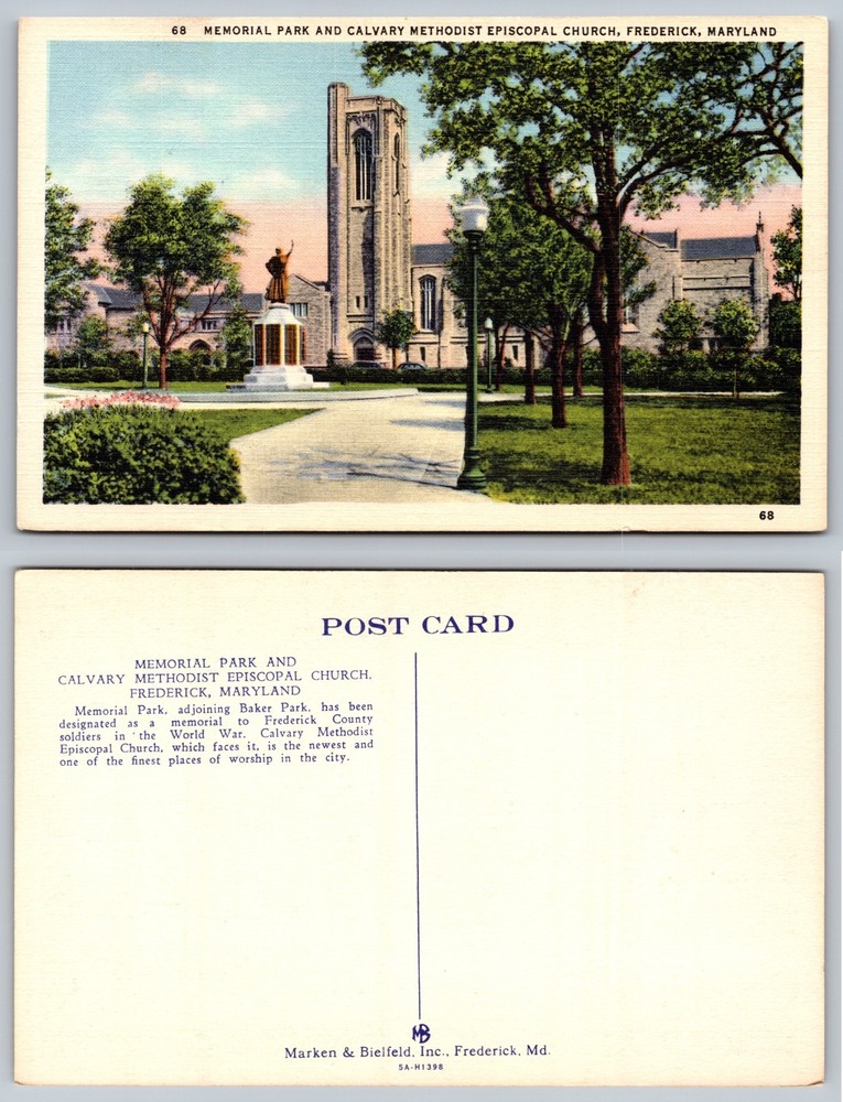Memorial Park Calvary Methodist Church Frederick Maryland Postcard