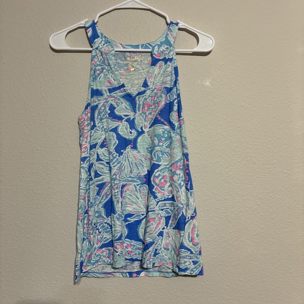 Lilly Pulitzer Arya Bay Blue Into The Deep Tank Top Size S Pink XS Shell Print
