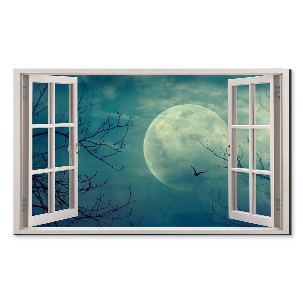 Bird Flying Towards The Moon Window View Wall Art Canvas Unframed Print Art