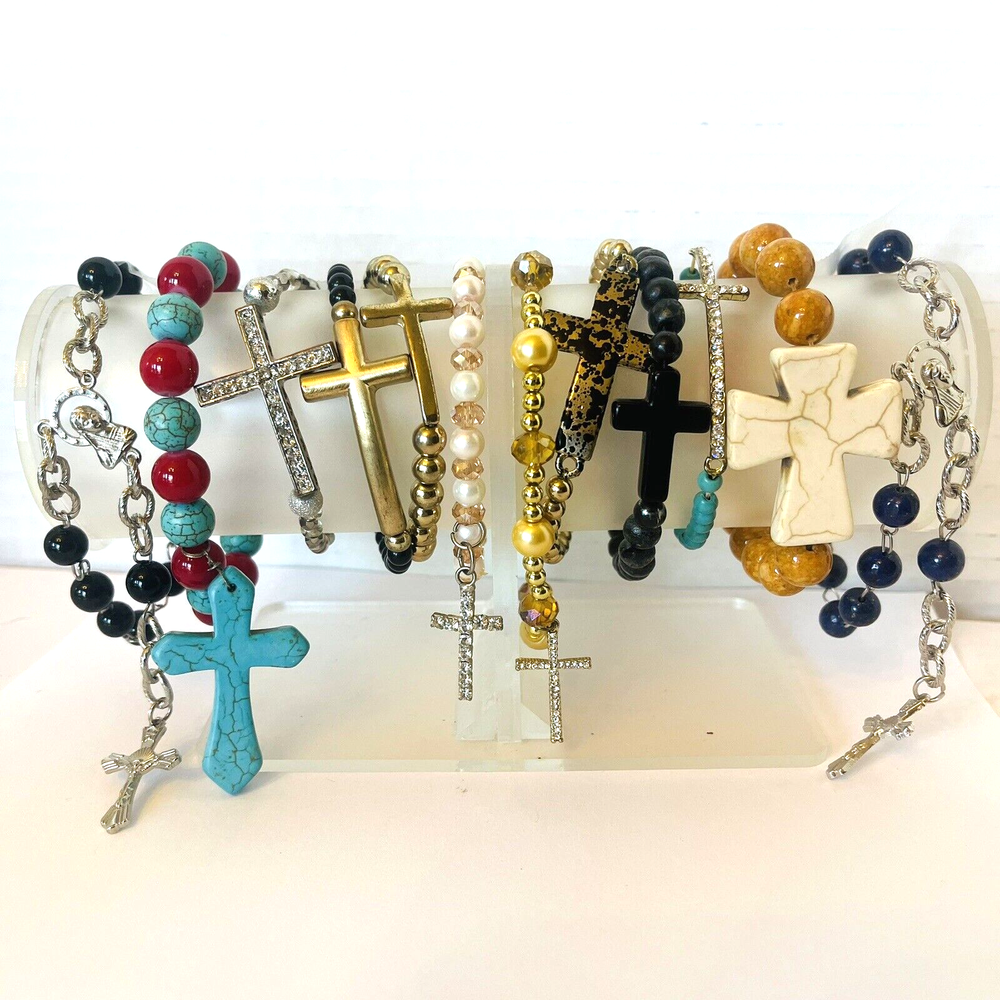 Bead Bracelet Cross Charm Jewelry Making Craft Supply Lot of 12 Glass Stone Wood