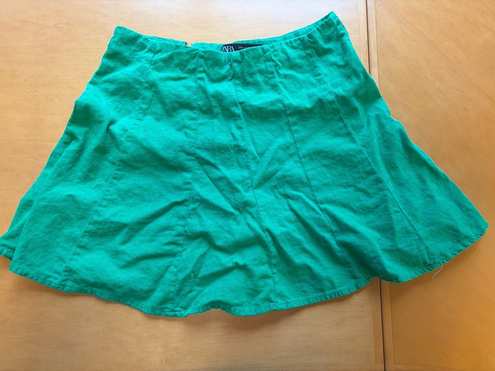 Zara Green Skirt Womens Small High Waist Linen Blend Shorts Skirt Zip Back