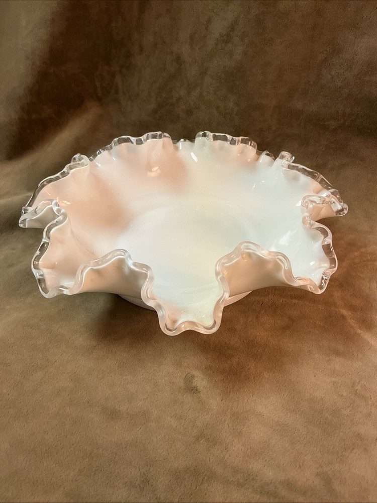 Vintage 1950s Fenton Silvercrest Ruffled Crimped Glass Bowl Vase